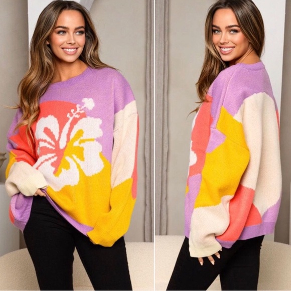 Guava Rose Flower Oversized Relaxed Fit Knit Sweater - Picture 2 of 6